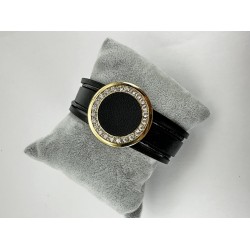 Siyah Deri Yuvarlak Taşlı Bileklik